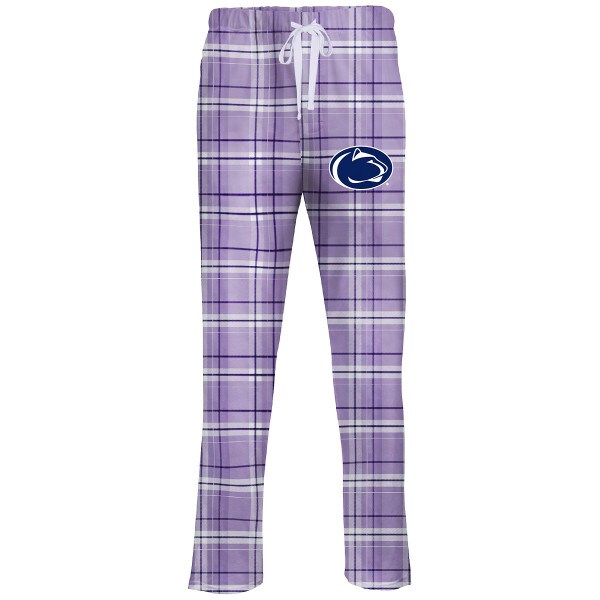women's lavender plaid flannel pants with Penn State Athletic Logo on left thigh